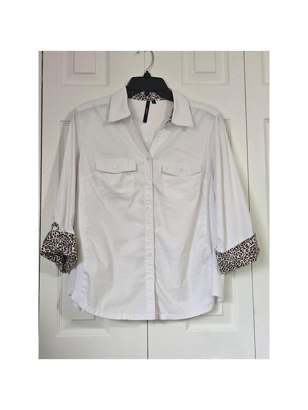 Cathy White Button Up Shirt Leopard Print Contrast Cuffs Blouse Womens Large